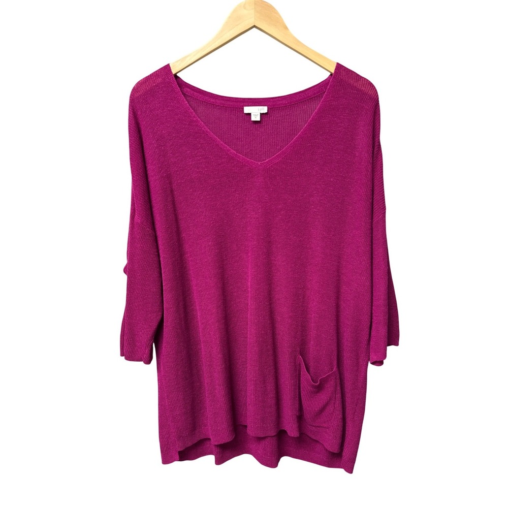 J. Jill Sweater Women XL Magenta Pink Linen Blend V-Neck Pocket Knit Pullover